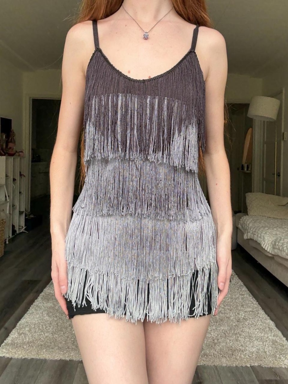 Zara Gradient Fringe Spaghetti Strap Tank Top - Charcoal to Light Gray